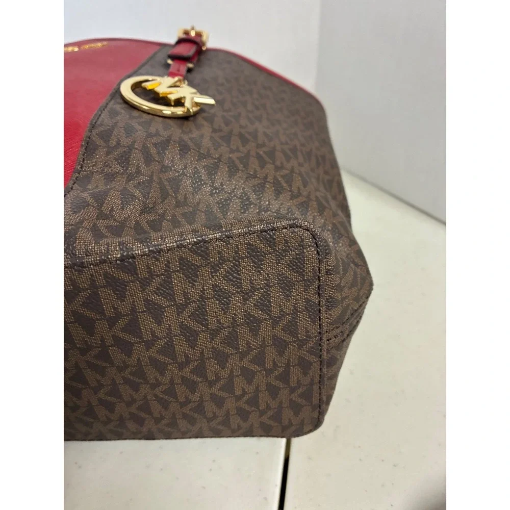 Michael Kors Brown Red Logo Tote Bag Gold‎ Hardware Saffiano Trim Large New